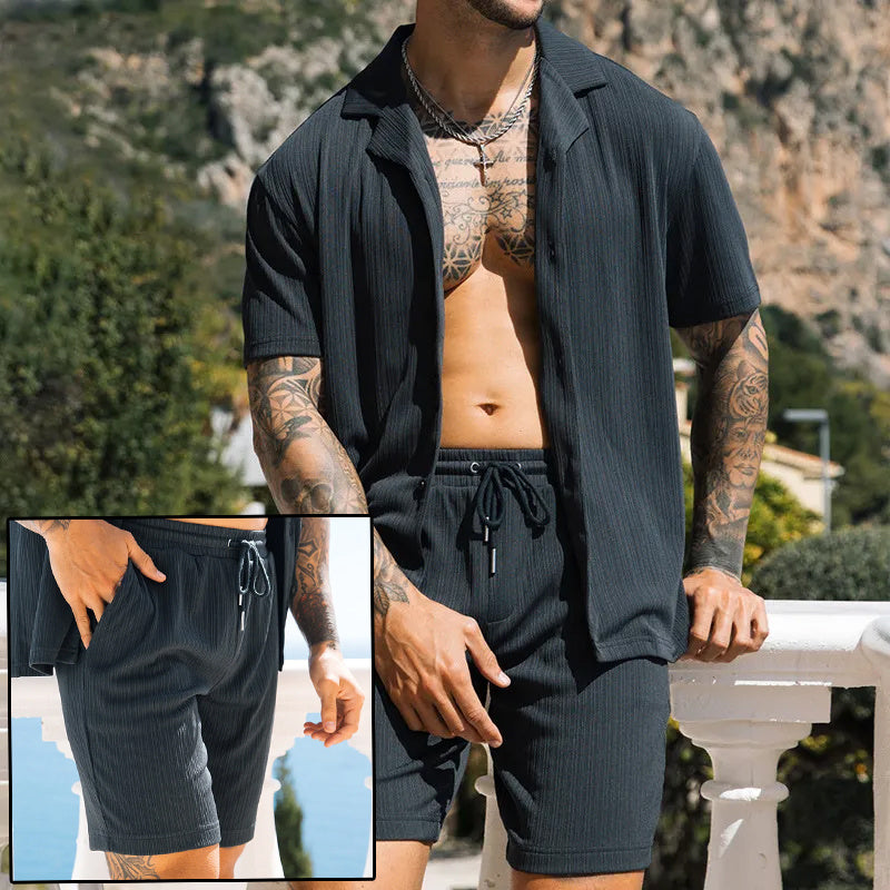 Men's Two Piece Set Short Sleeve Lapel Button Shirts And Shorts Beach Style Suits Men Summer Fashion Clothing Streetwear